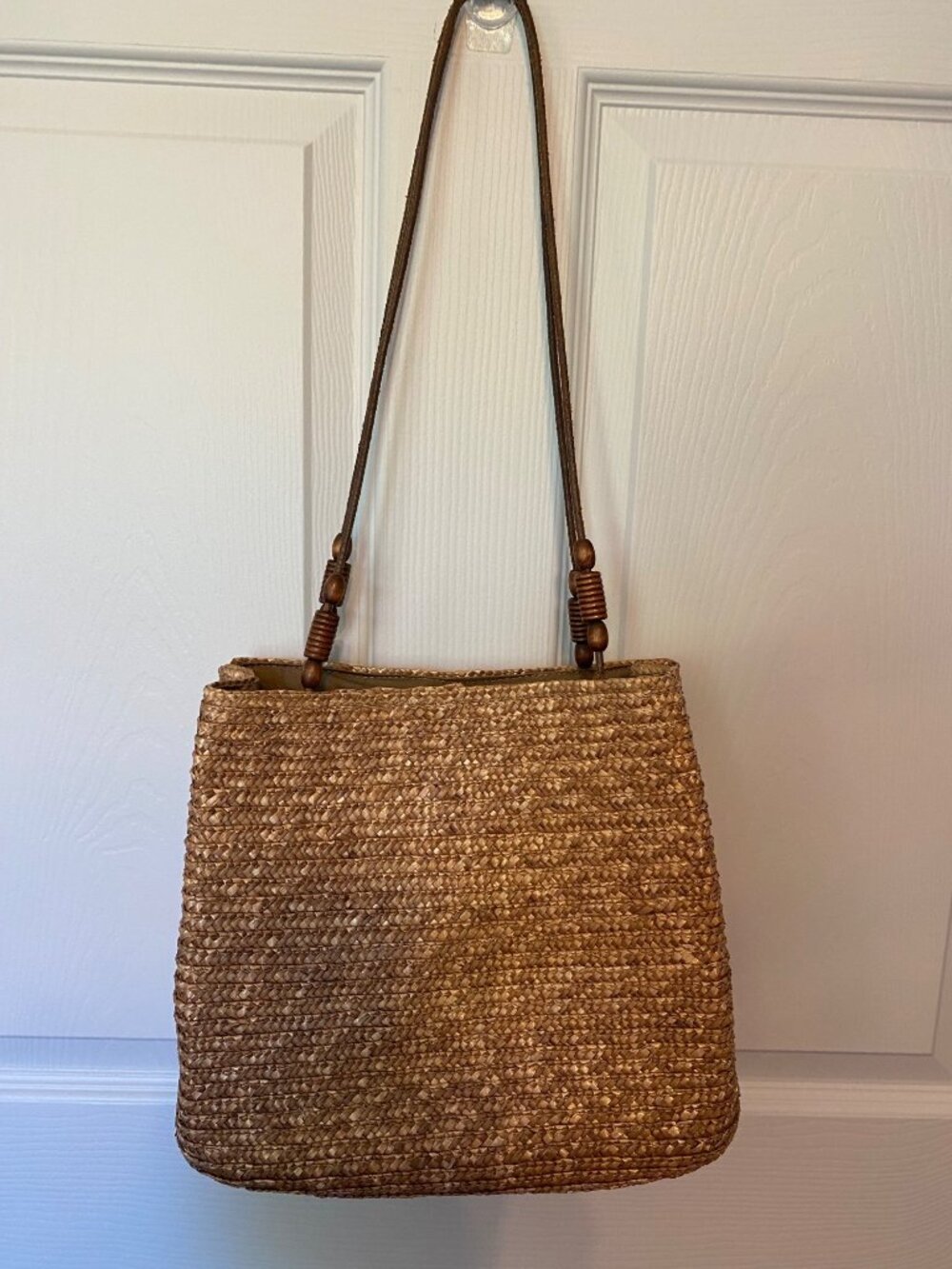 Charter Club Straw Shoulder Bag With Wooden Beaded Straps Natural Woven Texture